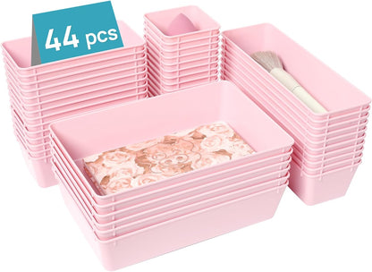 44 PCS Plastic Drawer Organizers Set, Vanity Organizer Trays, Pink