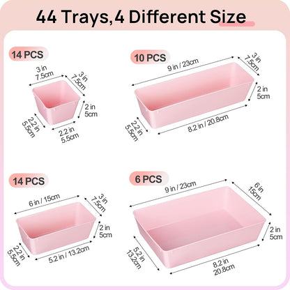 44 PCS Plastic Drawer Organizers Set, Vanity Organizer Trays, Pink