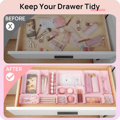 44 PCS Plastic Drawer Organizers Set, Vanity Organizer Trays, Pink