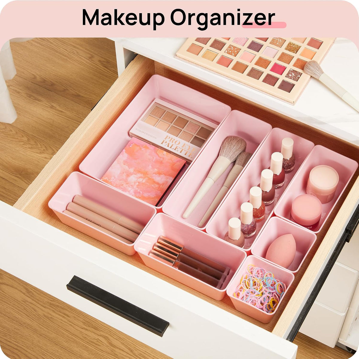 44 PCS Plastic Drawer Organizers Set, Vanity Organizer Trays, Pink