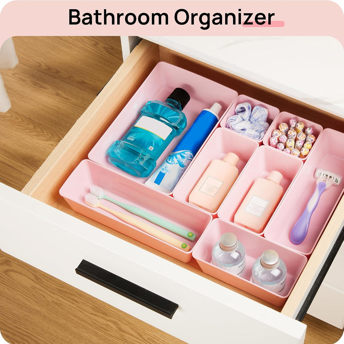 44 PCS Plastic Drawer Organizers Set, Vanity Organizer Trays, Pink