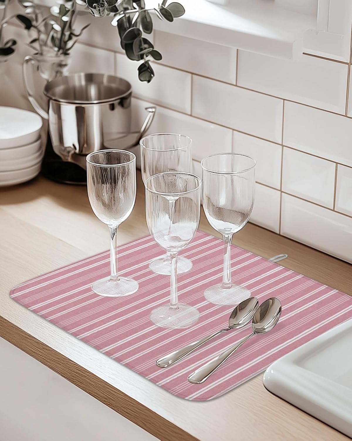 Dusty Pink Striped Dish Drying Mat 1 Pack, Minimalism Stripes Modern Vintage Farmhouse Abstract Absorbent Heat Insulating Kitchen Drying Pad Drainer Mats for Sink Counter Pot Dishes 18 X 24 Inch