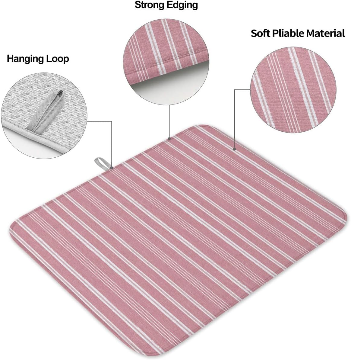 Dusty Pink Striped Dish Drying Mat 1 Pack, Minimalism Stripes Modern Vintage Farmhouse Abstract Absorbent Heat Insulating Kitchen Drying Pad Drainer Mats for Sink Counter Pot Dishes 18 X 24 Inch