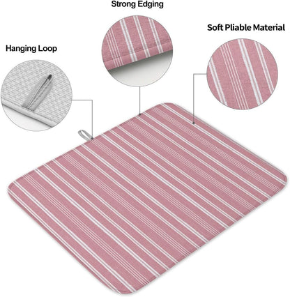 Dusty Pink Striped Dish Drying Mat 1 Pack, Minimalism Stripes Modern Vintage Farmhouse Abstract Absorbent Heat Insulating Kitchen Drying Pad Drainer Mats for Sink Counter Pot Dishes 18 X 24 Inch
