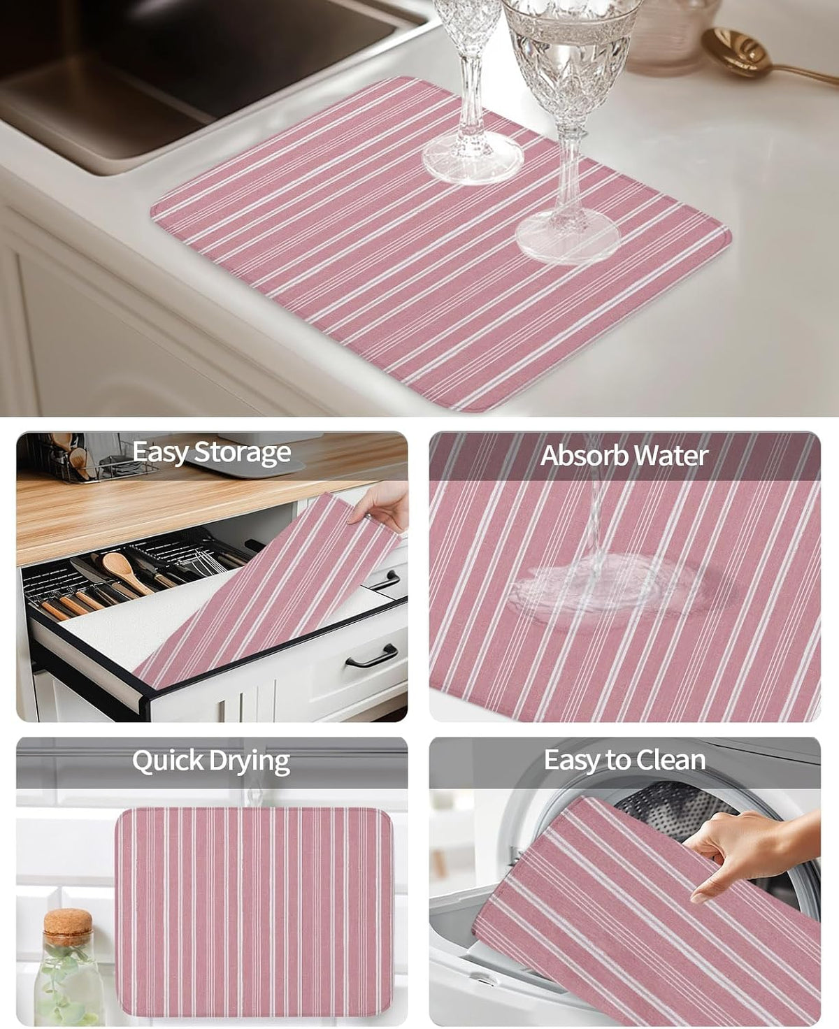 Dusty Pink Striped Dish Drying Mat 1 Pack, Minimalism Stripes Modern Vintage Farmhouse Abstract Absorbent Heat Insulating Kitchen Drying Pad Drainer Mats for Sink Counter Pot Dishes 18 X 24 Inch