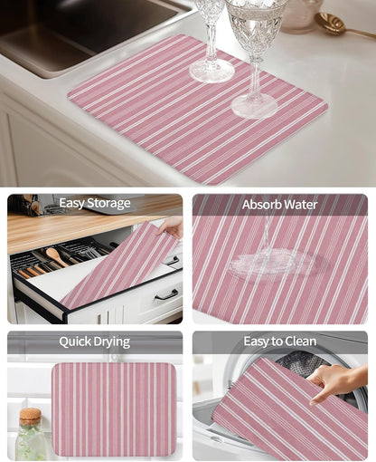 Dusty Pink Striped Dish Drying Mat 1 Pack, Minimalism Stripes Modern Vintage Farmhouse Abstract Absorbent Heat Insulating Kitchen Drying Pad Drainer Mats for Sink Counter Pot Dishes 18 X 24 Inch