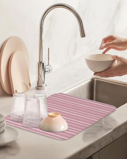 Dusty Pink Striped Dish Drying Mat 1 Pack, Minimalism Stripes Modern Vintage Farmhouse Abstract Absorbent Heat Insulating Kitchen Drying Pad Drainer Mats for Sink Counter Pot Dishes 18 X 24 Inch