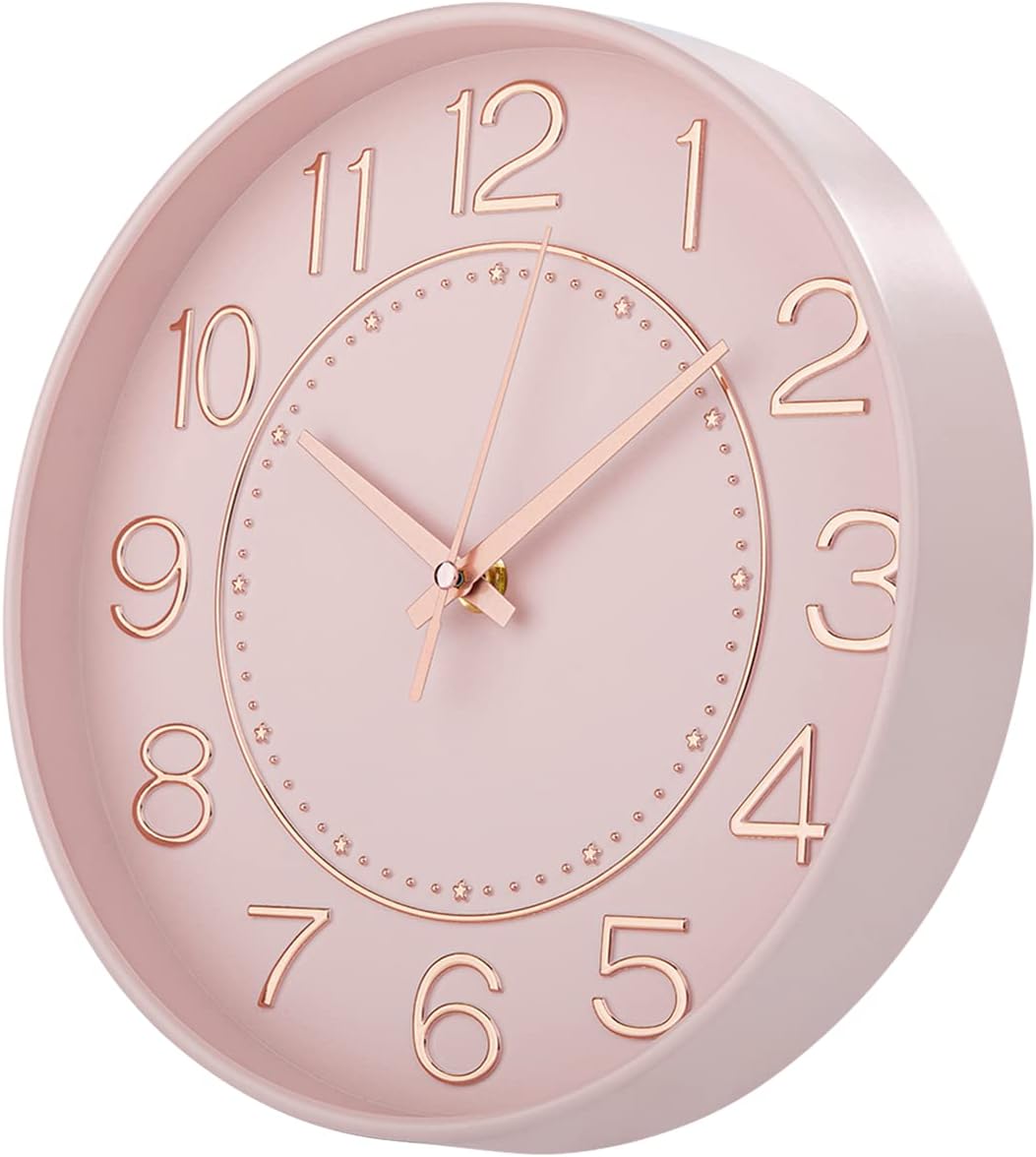 10 inch Small Wall Clocks Battery Operated,Silent No Ticking Clock for Wall,Modern Quartz Wall Clock for Living Room Bedroom Kitchen Office School Classroom Decor (Pink& Rosegold)