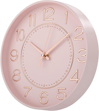 10 inch Small Wall Clocks Battery Operated,Silent No Ticking Clock for Wall,Modern Quartz Wall Clock for Living Room Bedroom Kitchen Office School Classroom Decor (Pink& Rosegold)