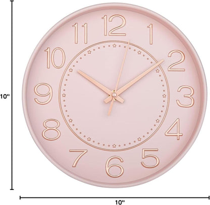 10 inch Small Wall Clocks Battery Operated,Silent No Ticking Clock for Wall,Modern Quartz Wall Clock for Living Room Bedroom Kitchen Office School Classroom Decor (Pink& Rosegold)