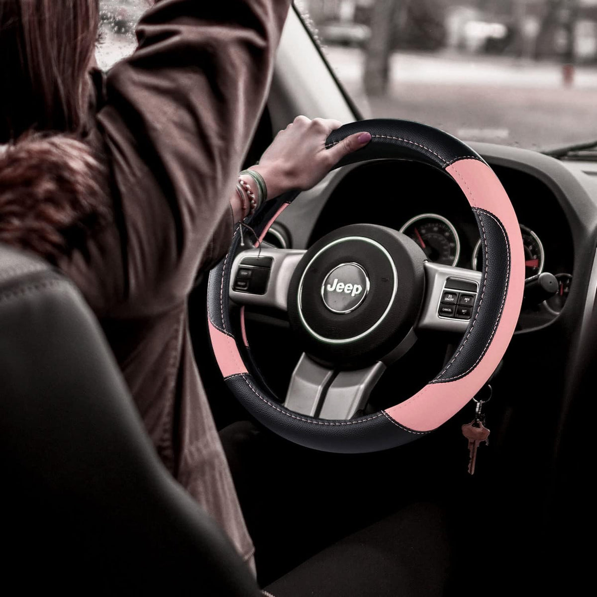 Leather Car Steering Wheel Cover, Universal Fit for Most Cars, Pink