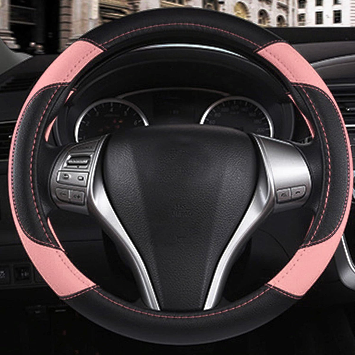 Leather Car Steering Wheel Cover, Universal Fit for Most Cars, Pink