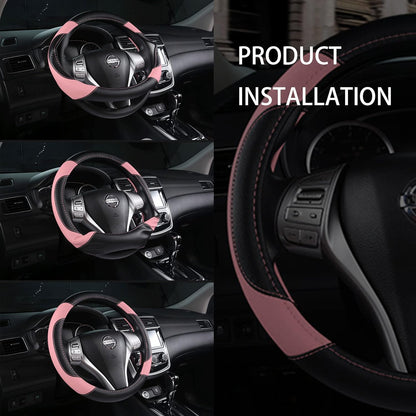 Leather Car Steering Wheel Cover, Universal Fit for Most Cars, Pink