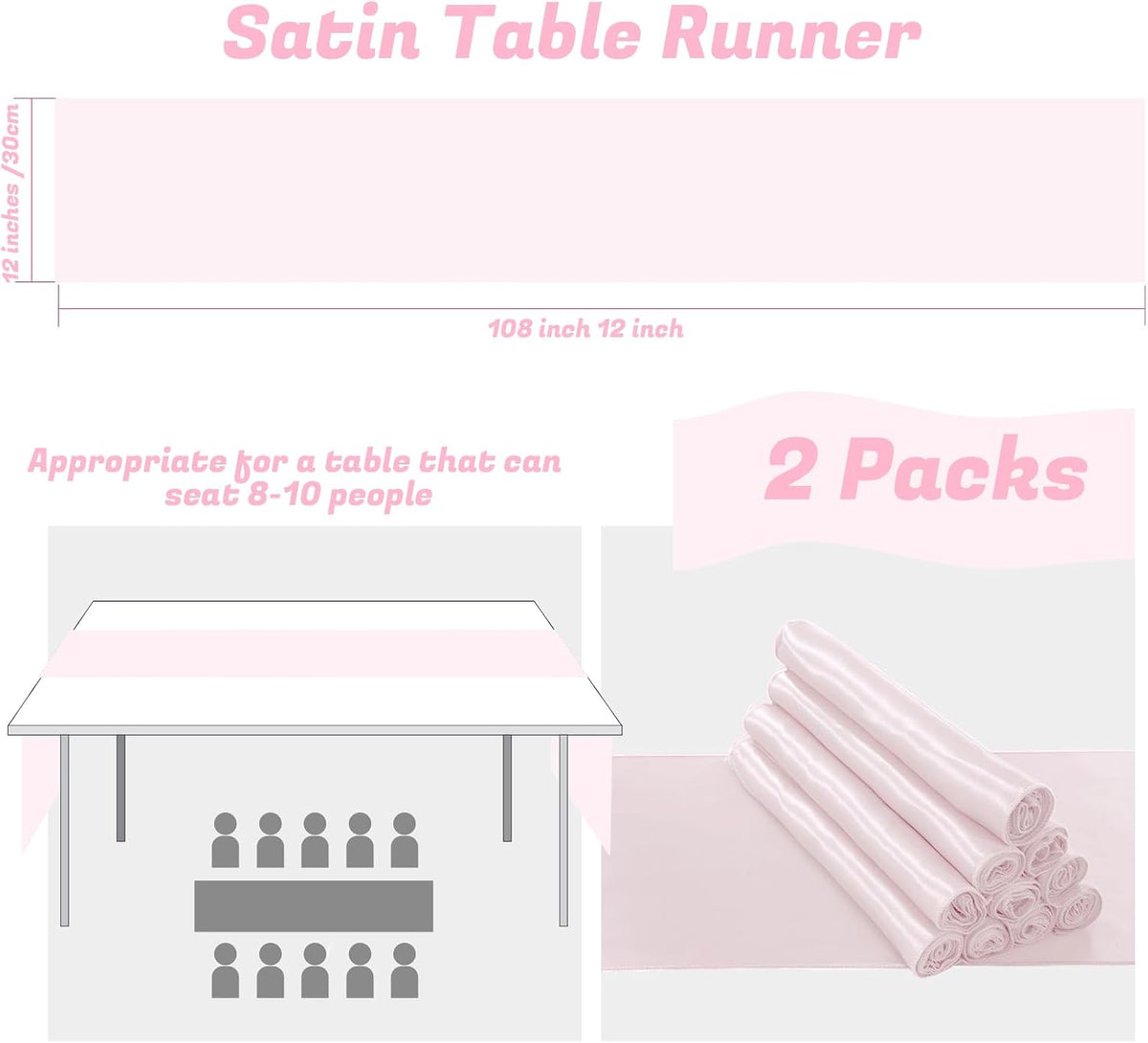 2 Pack Light Pink Silky Satin Table Runner 12" x 108"