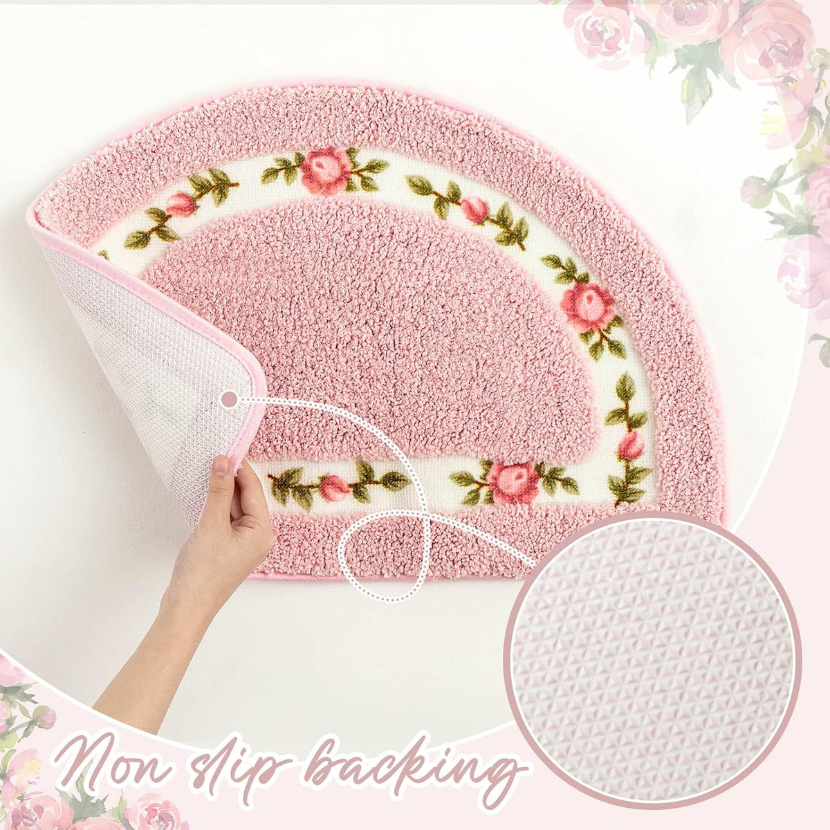4 Pcs Rose Flowers Coquette Bathroom Rugs Set Coquette Doom Decor Rose Flower Area Rugs Non Slip Absorbent Washable Door Mat Floral Bathroom Carpet for Home Hotel, 4 Shapes(Pink)