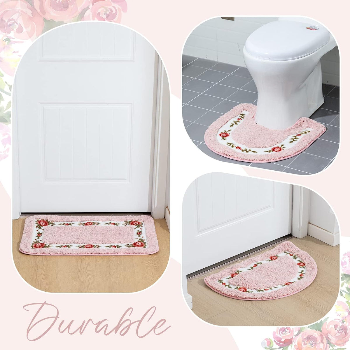 4 Pcs Rose Flowers Coquette Bathroom Rugs Set Coquette Doom Decor Rose Flower Area Rugs Non Slip Absorbent Washable Door Mat Floral Bathroom Carpet for Home Hotel, 4 Shapes(Pink)