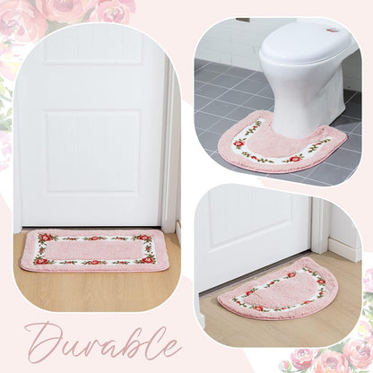 4 Pcs Rose Flowers Coquette Bathroom Rugs Set Coquette Doom Decor Rose Flower Area Rugs Non Slip Absorbent Washable Door Mat Floral Bathroom Carpet for Home Hotel, 4 Shapes(Pink)