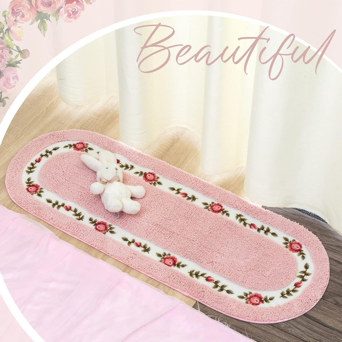 4 Pcs Rose Flowers Coquette Bathroom Rugs Set Coquette Doom Decor Rose Flower Area Rugs Non Slip Absorbent Washable Door Mat Floral Bathroom Carpet for Home Hotel, 4 Shapes(Pink)