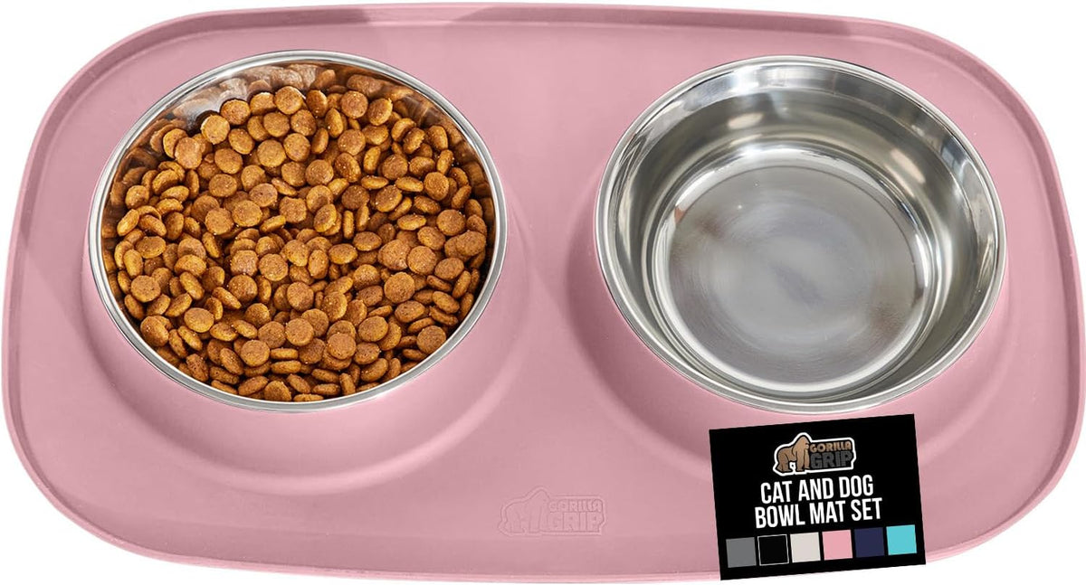 Dog Bowl Set with Feeding Mat, 304 Stainless Steel, 2 Cup Pink