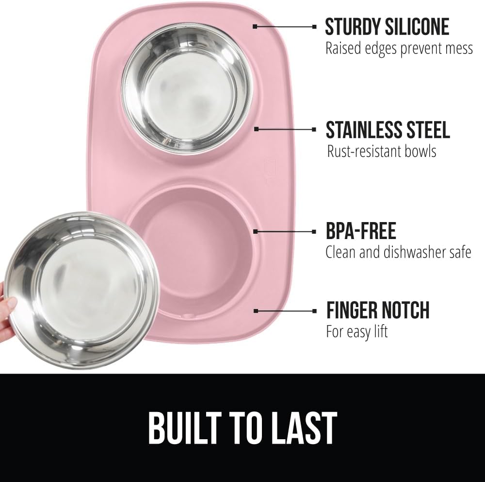 Dog Bowl Set with Feeding Mat, 304 Stainless Steel, 2 Cup Pink