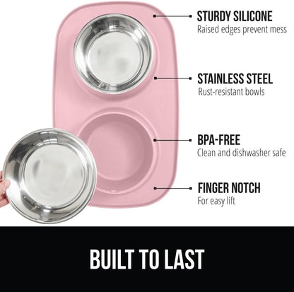 Dog Bowl Set with Feeding Mat, 304 Stainless Steel, 2 Cup Pink