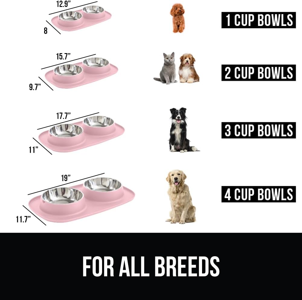 Dog Bowl Set with Feeding Mat, 304 Stainless Steel, 2 Cup Pink