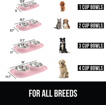 Dog Bowl Set with Feeding Mat, 304 Stainless Steel, 2 Cup Pink