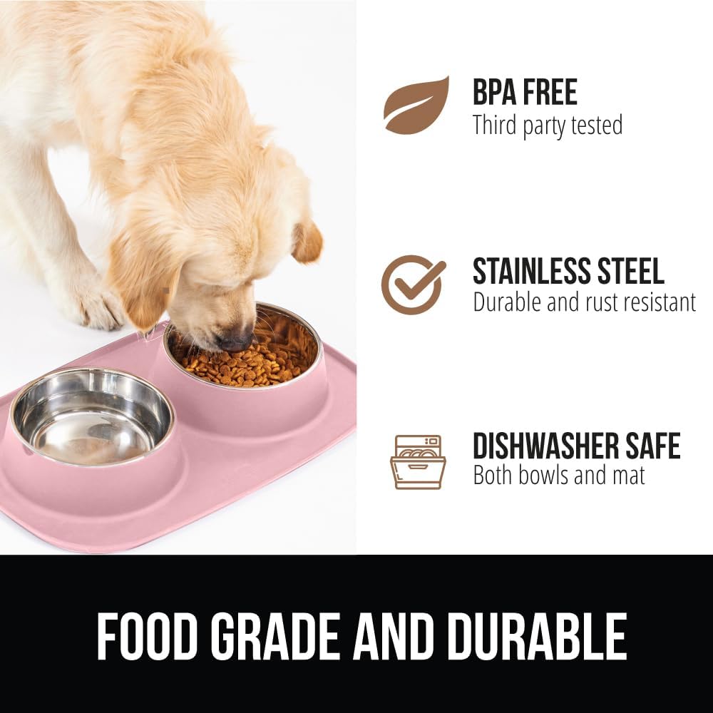 Dog Bowl Set with Feeding Mat, 304 Stainless Steel, 2 Cup Pink