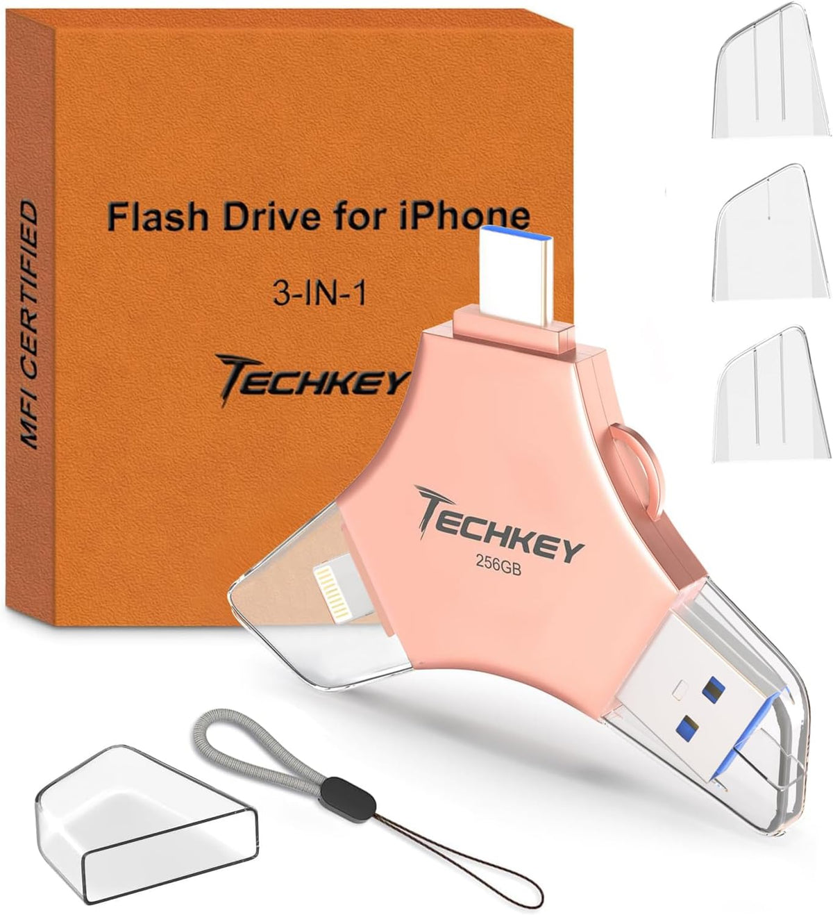 USB 3.0 Flash Drive for iPhone 256GB: MFi Certified 3in1 External Memory Photo Keeper Storage Stick for Picture/Video/Data Saver/Backup High Speed Thumb/Jump/Hard Drive USB Port Cards -Pink
