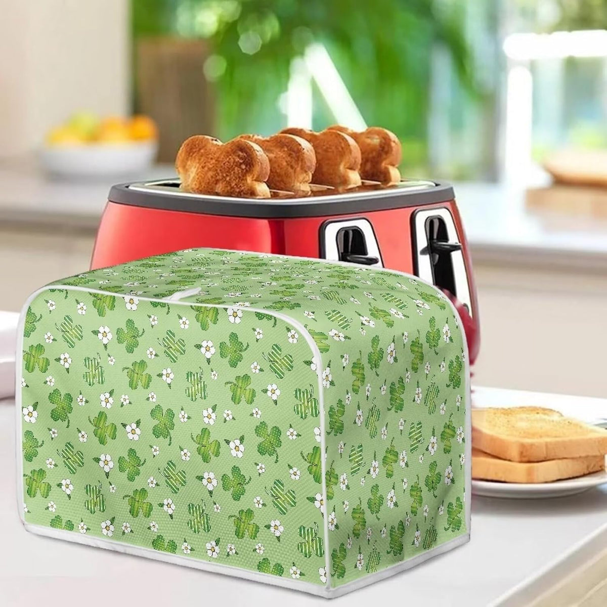 Green Shamrock Flower Print Toaster Cover 2 Slice Wide Slot, Lightweight Toaster Cover Dust Protection Washable Appliance Bag Bread Maker Cover St. Patrick's Day Decoration, Pink
