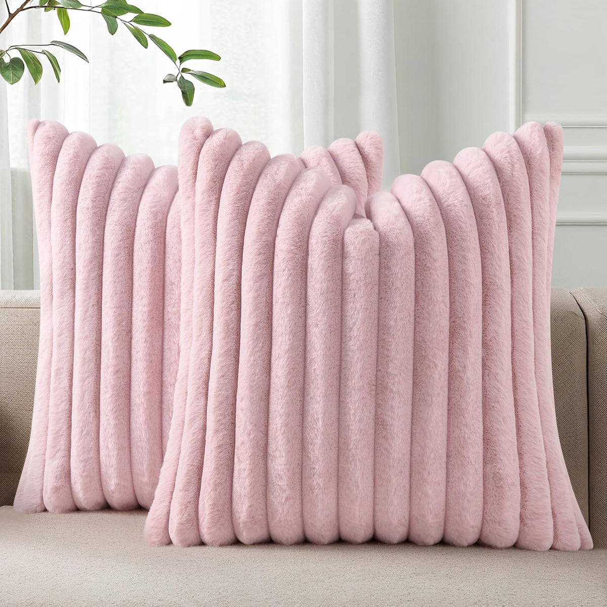 Faux Fur Decorative Throw Pillow Covers 18x18 Set of 2, Blush Pink