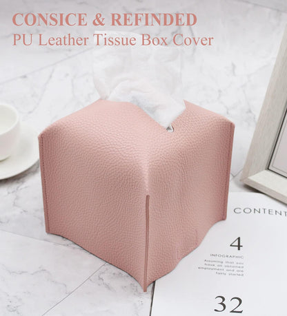 Tissue Box Cover Holder, Square Modern Decoration PU Leather Facial Tissues Case Roll Paper Dispenser for Bathroom Vanity Countertop, Night Stands, Office Desk Car 5X5X5'' | Pink