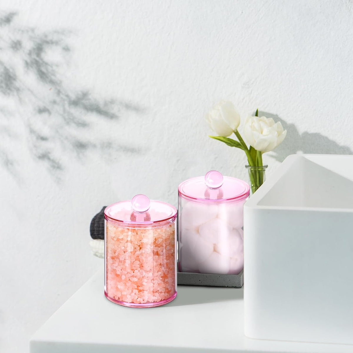 2 Pcs Acrylic Qtip Holder, Cotton Ball Holder Jars with Lids, Pink