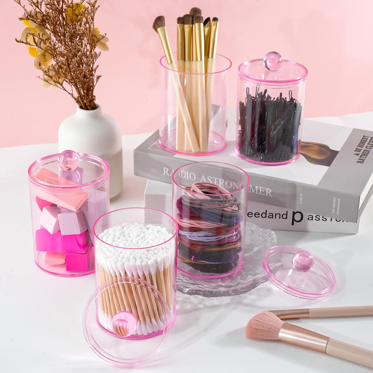 2 Pcs Acrylic Qtip Holder, Cotton Ball Holder Jars with Lids, Pink