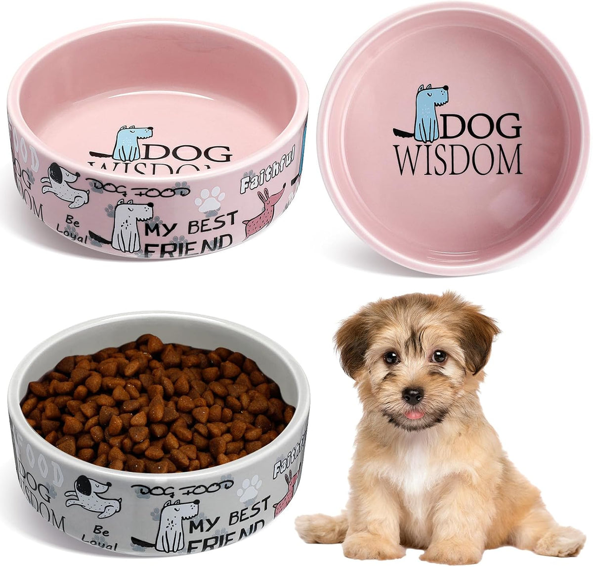 2 Pcs 5 Inch Ceramic Dog Bowls Dishes for Small Dogs, Pink, Gray