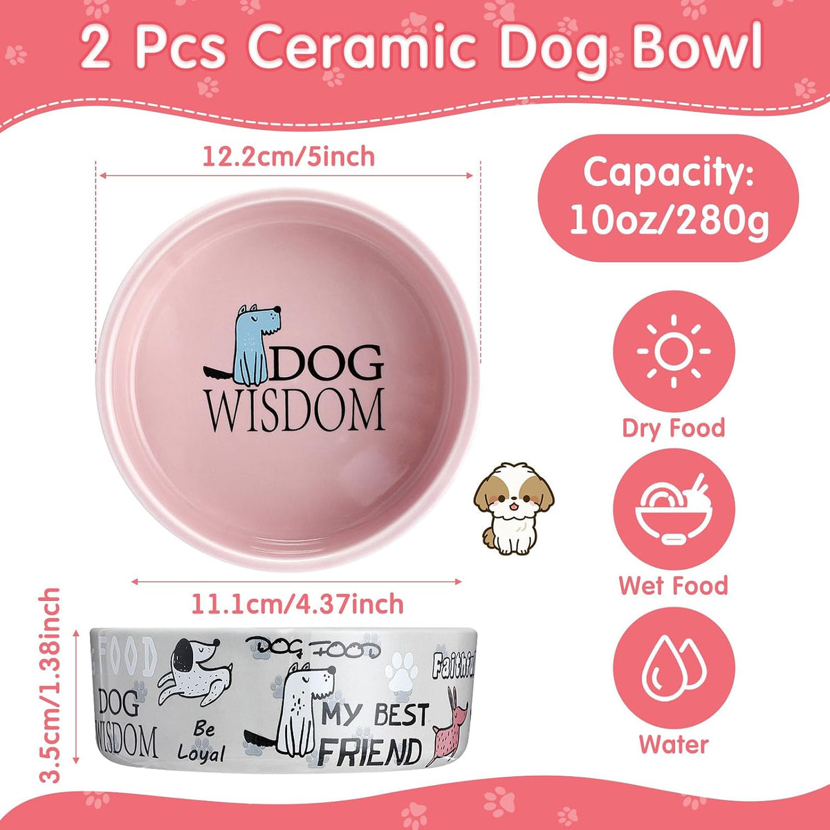 2 Pcs 5 Inch Ceramic Dog Bowls Dishes for Small Dogs, Pink, Gray