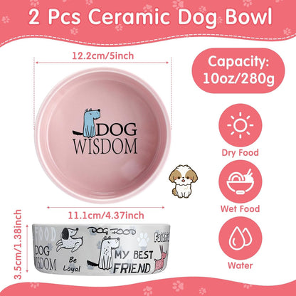 2 Pcs 5 Inch Ceramic Dog Bowls Dishes for Small Dogs, Pink, Gray