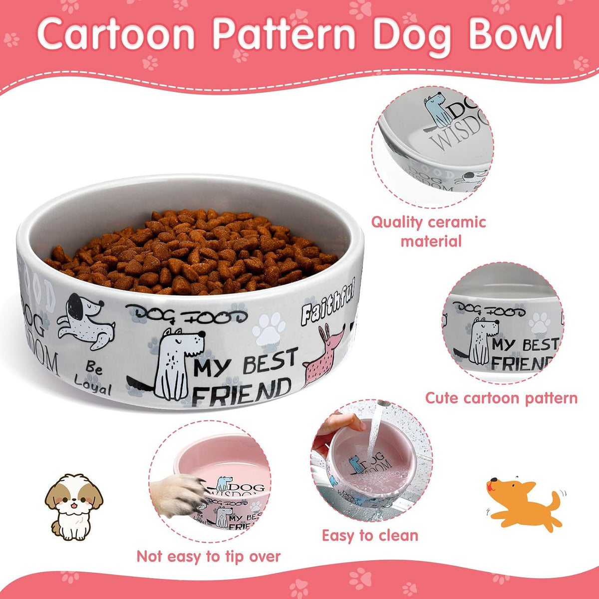 2 Pcs 5 Inch Ceramic Dog Bowls Dishes for Small Dogs, Pink, Gray