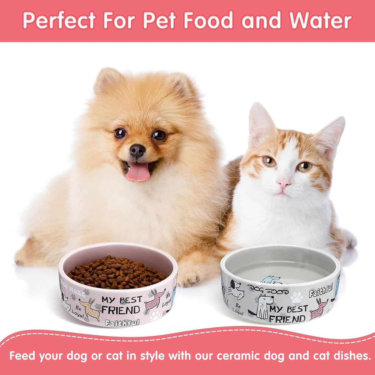 2 Pcs 5 Inch Ceramic Dog Bowls Dishes for Small Dogs, Pink, Gray
