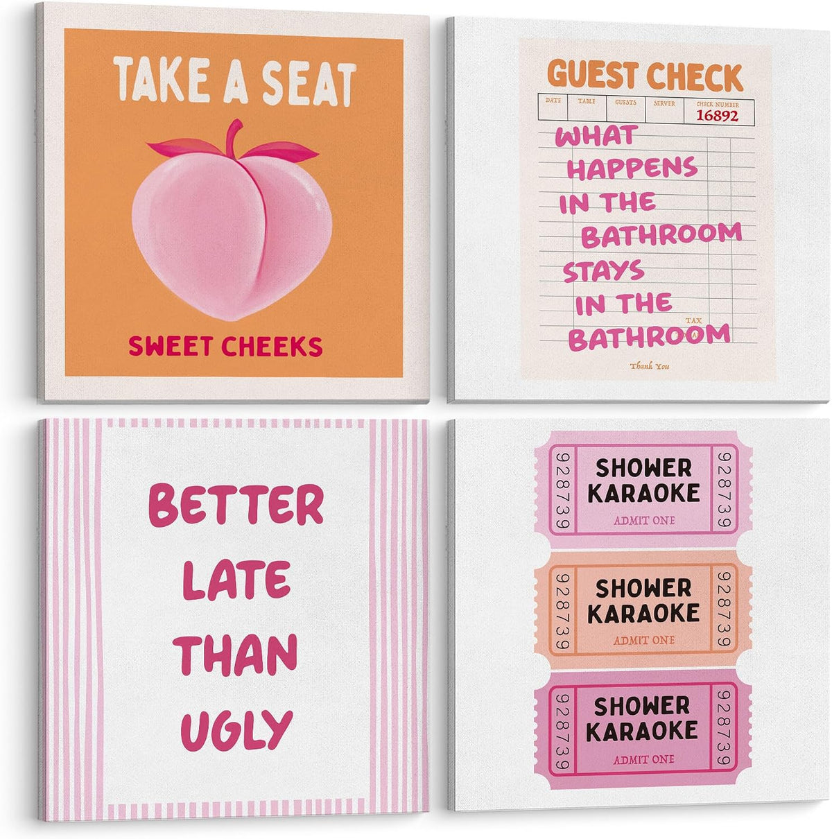 Funny Pink and Orange Bathroom Wall Art Decor Set of 4, Trendy Retro Peach Shower Karaoke Ticket Sweet Cheeks Canvas Prints Poster for Bathroom Vanity Powder Room Washroom Wall Decoration, 8x8