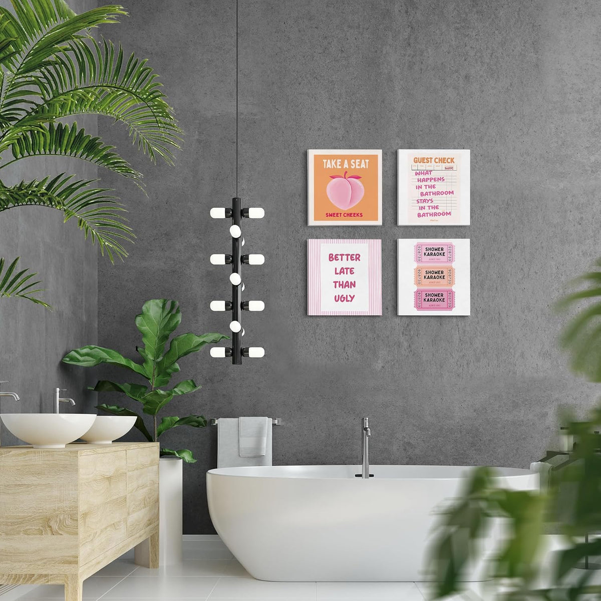 Funny Pink and Orange Bathroom Wall Art Decor Set of 4, Trendy Retro Peach Shower Karaoke Ticket Sweet Cheeks Canvas Prints Poster for Bathroom Vanity Powder Room Washroom Wall Decoration, 8x8