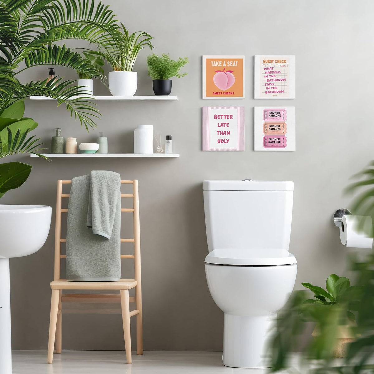 Funny Pink and Orange Bathroom Wall Art Decor Set of 4, Trendy Retro Peach Shower Karaoke Ticket Sweet Cheeks Canvas Prints Poster for Bathroom Vanity Powder Room Washroom Wall Decoration, 8x8