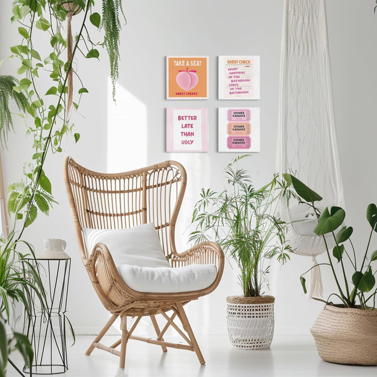 Funny Pink and Orange Bathroom Wall Art Decor Set of 4, Trendy Retro Peach Shower Karaoke Ticket Sweet Cheeks Canvas Prints Poster for Bathroom Vanity Powder Room Washroom Wall Decoration, 8x8