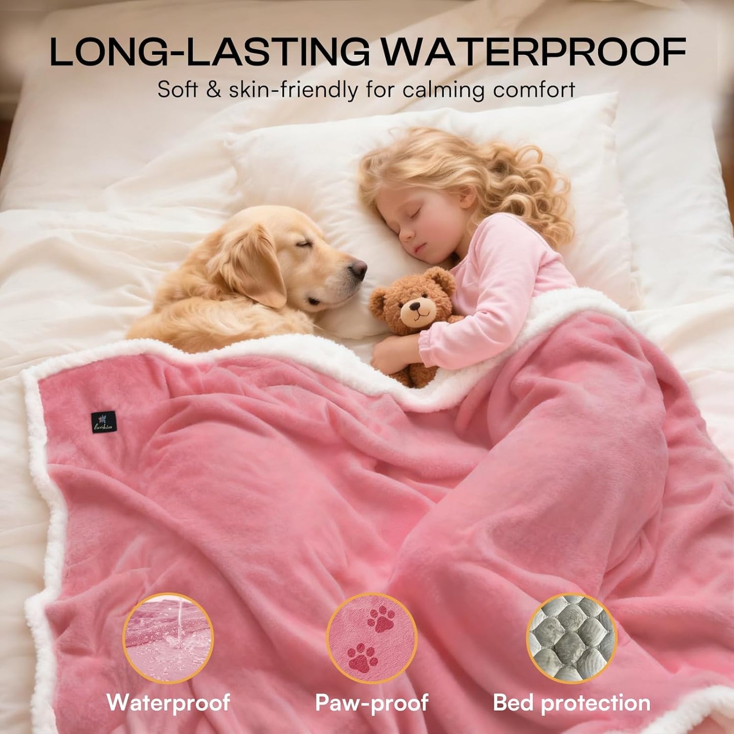 Waterproof Bed Blanket Washable,Soft Sherpa Fleece Puppy Reversible Throw Blankets for Medium Large Dog Cat,Furniture Cover Protector Couch from Liquid Pee and Pet Fur,Pink White,85" x 57"