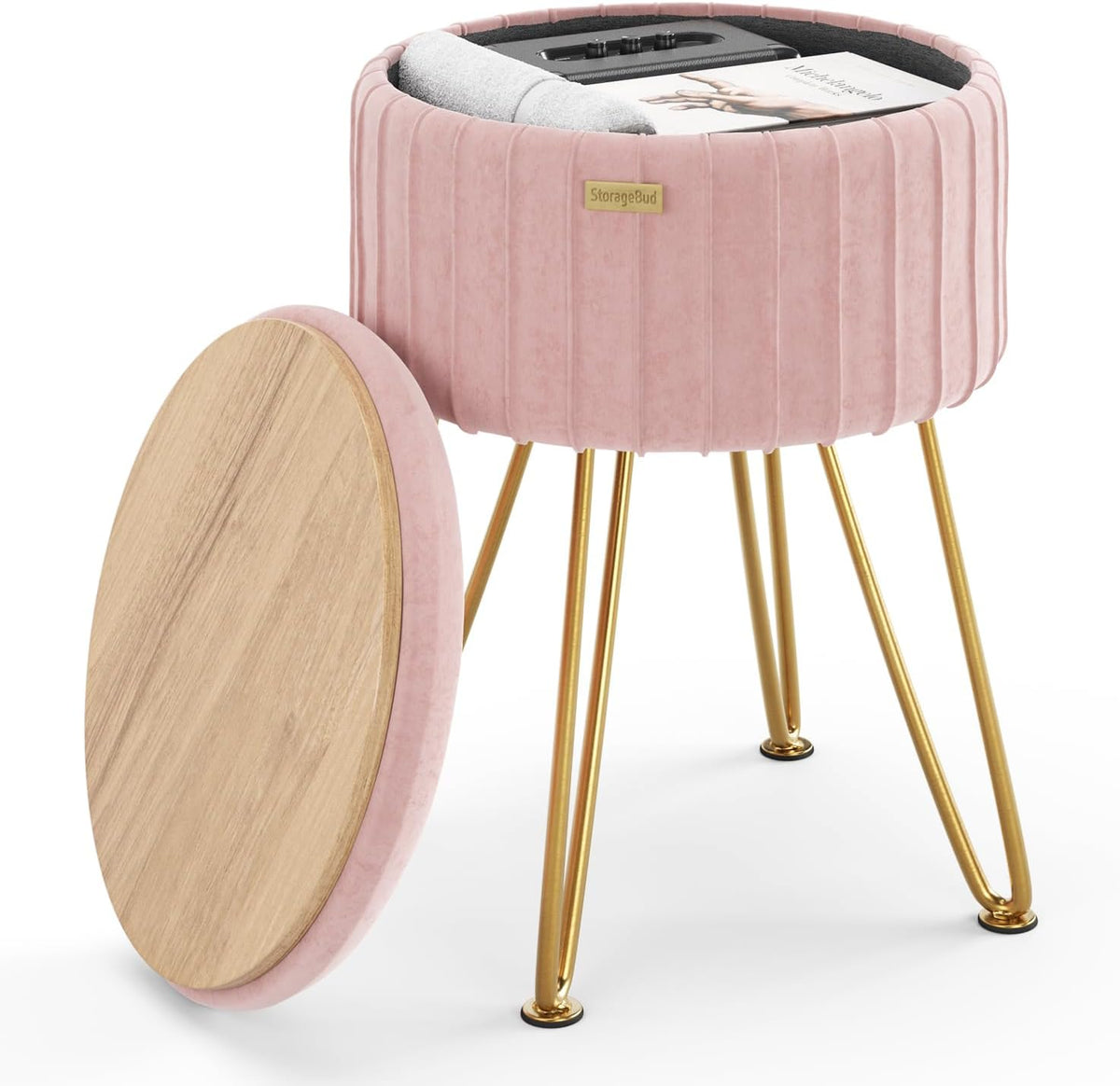 Round Ottoman with Storage, Pleated Velvet Storage Ottoman, Foot Stool Ottomans, Makeup Vanity Stool, Small Ottomans Foot Rest, Modern Vanity Stools for Living Room and Bedroom, Pink