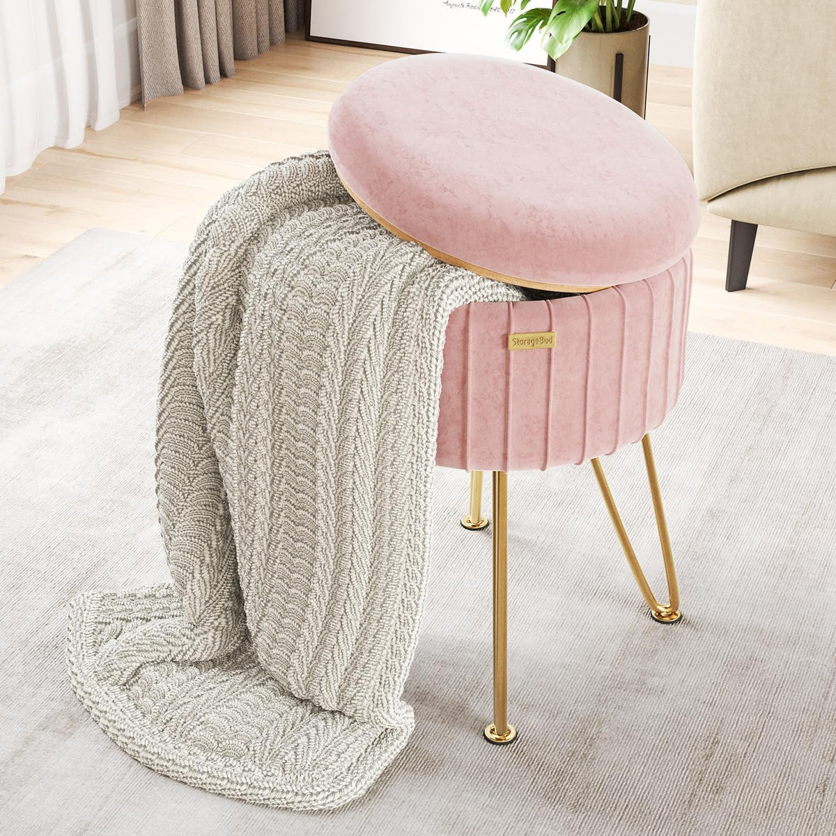 Round Ottoman with Storage, Pleated Velvet Storage Ottoman, Foot Stool Ottomans, Makeup Vanity Stool, Small Ottomans Foot Rest, Modern Vanity Stools for Living Room and Bedroom, Pink