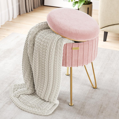 Round Ottoman with Storage, Pleated Velvet Storage Ottoman, Foot Stool Ottomans, Makeup Vanity Stool, Small Ottomans Foot Rest, Modern Vanity Stools for Living Room and Bedroom, Pink