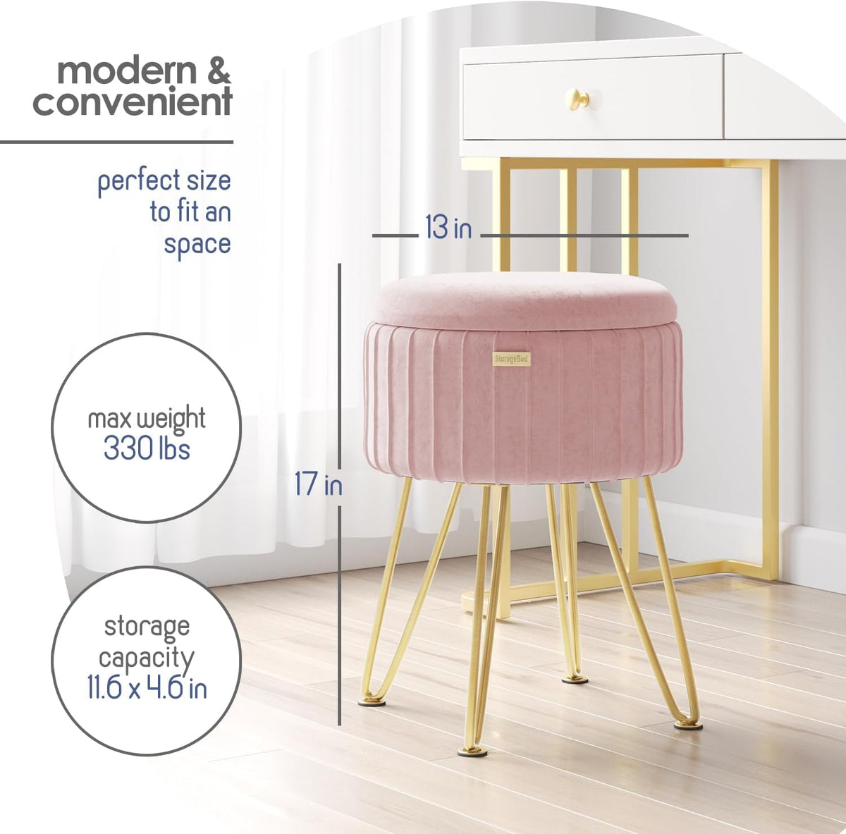 Round Ottoman with Storage, Pleated Velvet Storage Ottoman, Foot Stool Ottomans, Makeup Vanity Stool, Small Ottomans Foot Rest, Modern Vanity Stools for Living Room and Bedroom, Pink