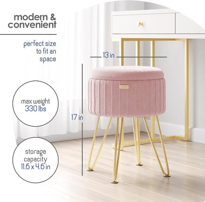 Round Ottoman with Storage, Pleated Velvet Storage Ottoman, Foot Stool Ottomans, Makeup Vanity Stool, Small Ottomans Foot Rest, Modern Vanity Stools for Living Room and Bedroom, Pink