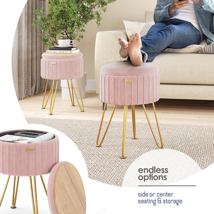 Round Ottoman with Storage, Pleated Velvet Storage Ottoman, Foot Stool Ottomans, Makeup Vanity Stool, Small Ottomans Foot Rest, Modern Vanity Stools for Living Room and Bedroom, Pink
